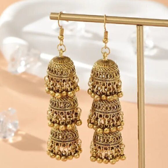 Gold 3bell Pendant Retro Bollywood Style Dangle Earrings Alloy Jewelry Exquisite - Picture 1 of 3